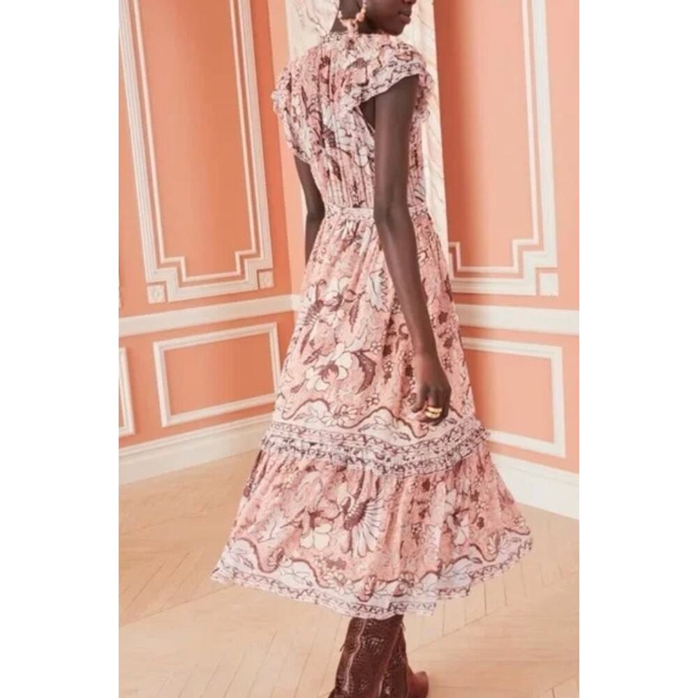 ULLA JOHNSON Sz 10 Celestia Blush Pink Print Silk Short Sleeve Midi Dress - Picture 10 of 12